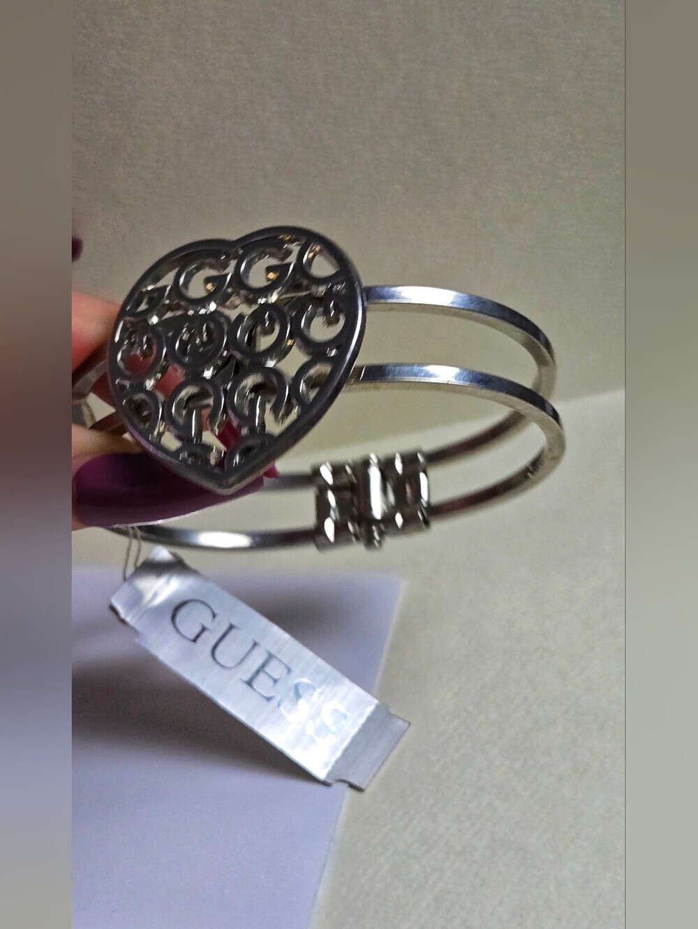 GUESS Silver Heart Logo Double-Band Bangle Bracelet - Picture 5 of 7